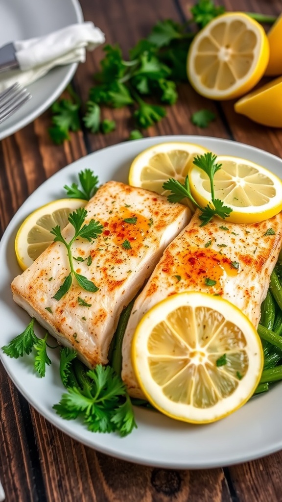 Baked Tilapia with Lemon and Herbs Baked tilapia fillets garnished with lemon and parsley, served with steamed vegetables on a rustic table.